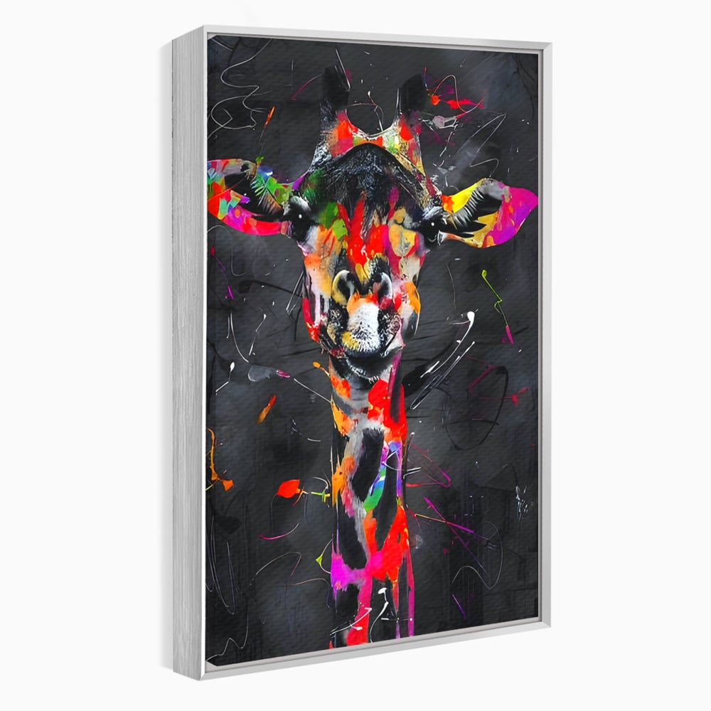 Tablou canvas cu tablou canvas cu girafa multicolor, in rama de aluminiu argintiu